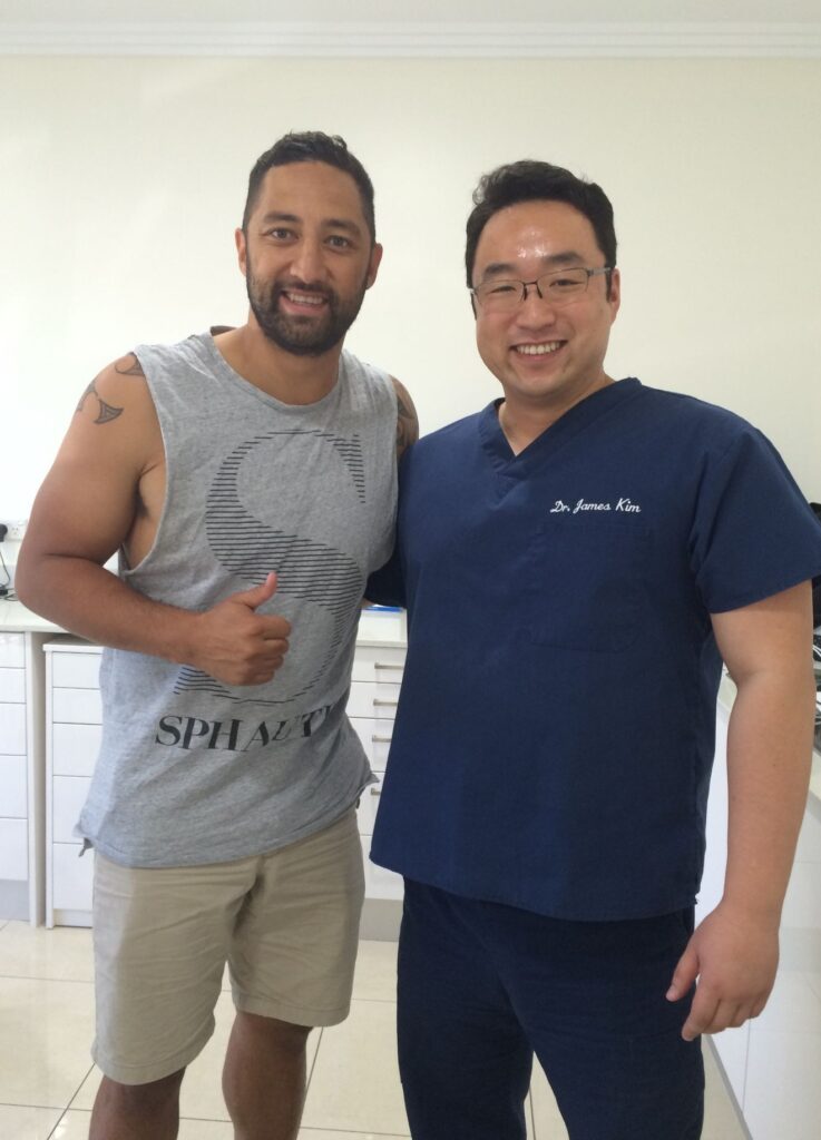 Dr James Kim at Hills Dental Care Castle Hill with NRL legend Benji Marshall