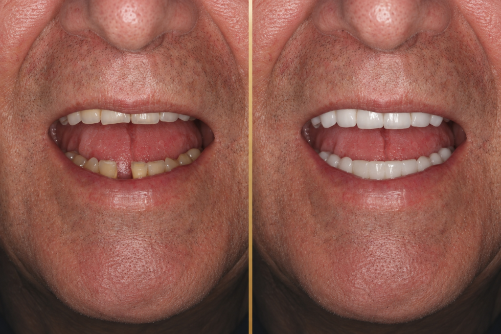 Before and after full mouth dental implant treatment completed at Hills Dental Care in Castle Hill